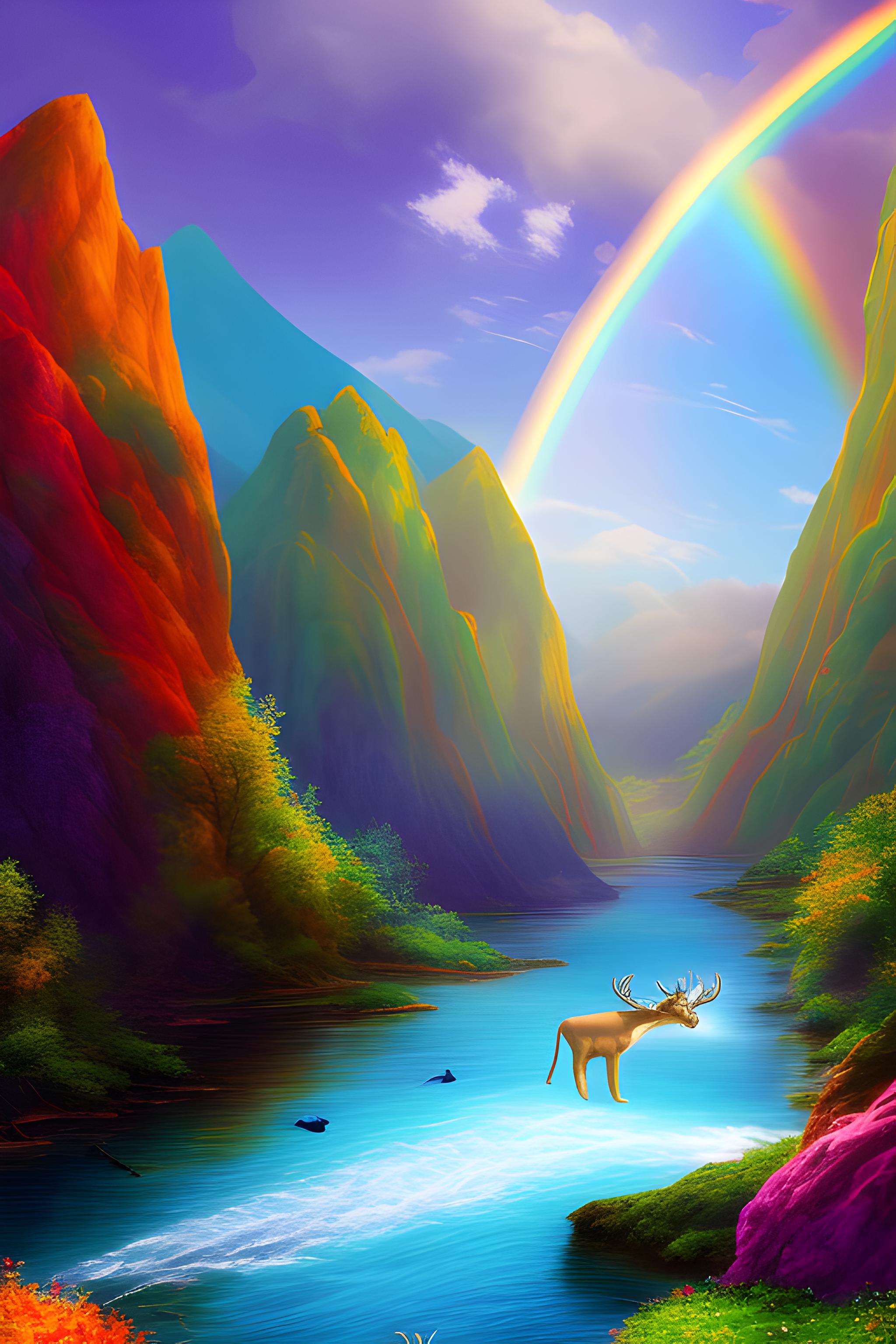 Colourful mountains and a river with a lion hunting a deer and birds